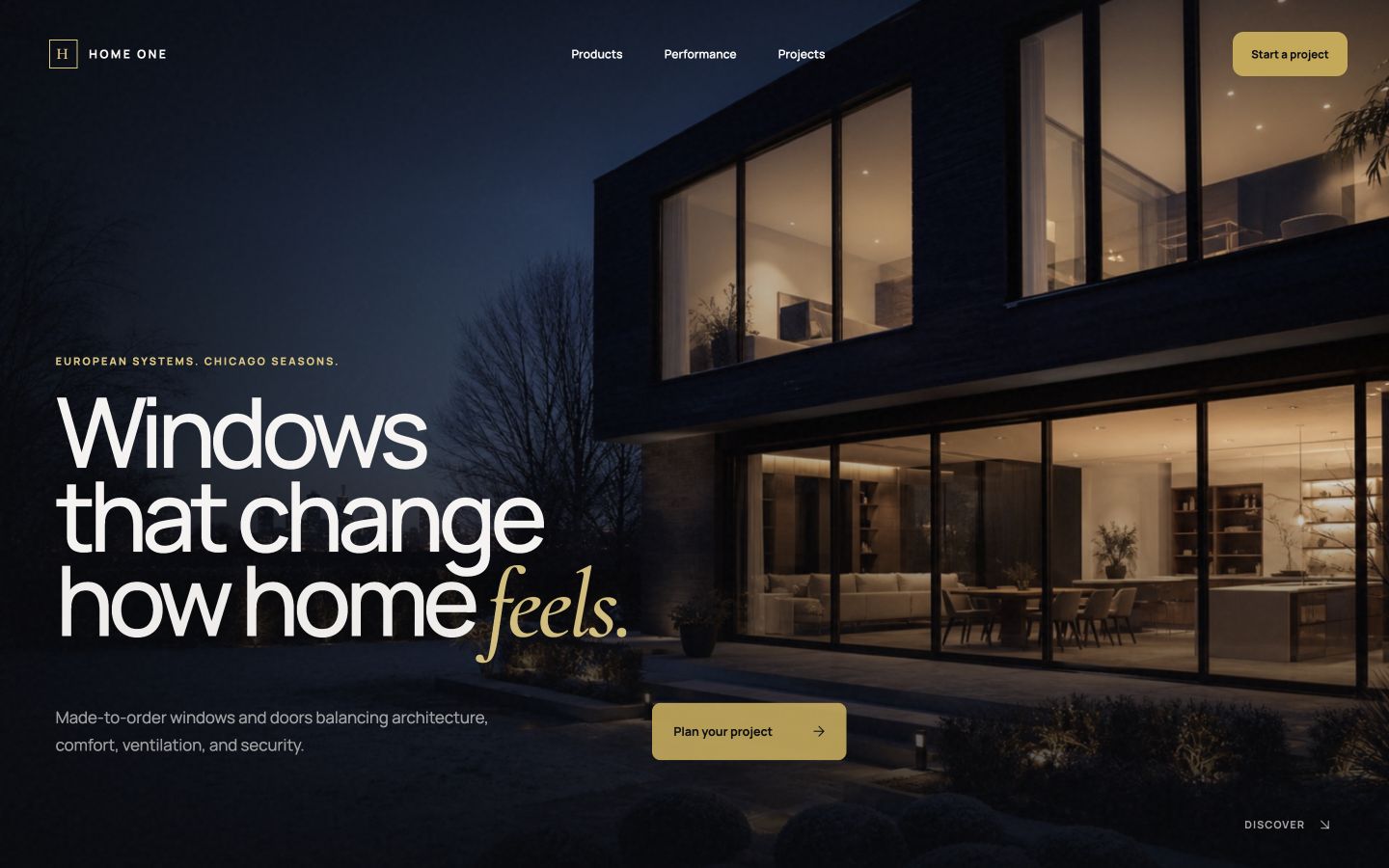 Home One concept website — night architecture hero, 'Windows that change how home feels.'