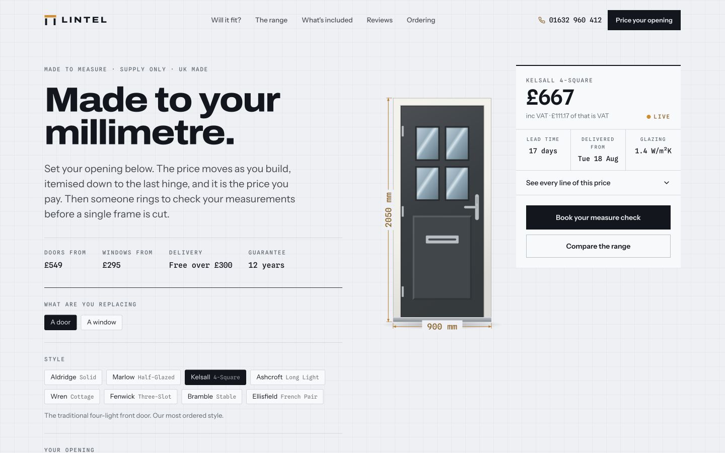 Lintel concept website — blueprint-grid configurator with live pricing, 'Made to your millimetre.'