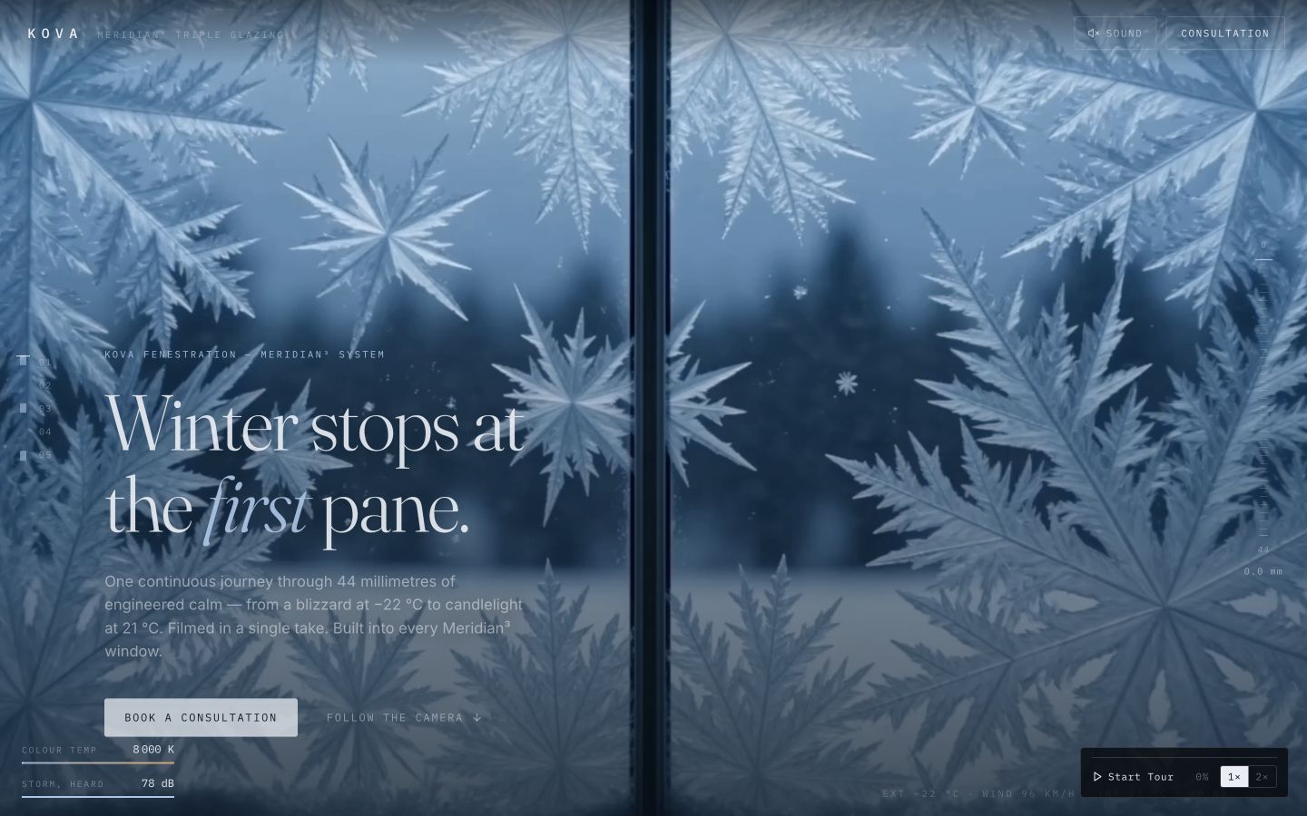Meridian concept website — cinematic hero: frost-covered triple glazing, 'Winter stops at the first pane.'