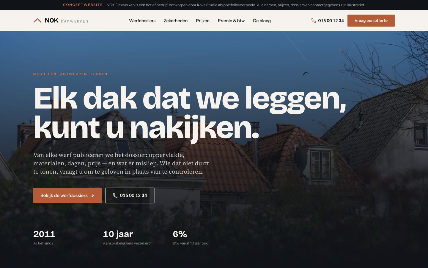 NOK Dakwerken concept website — bold grotesk roofing site, 'Elk dak dat we leggen, kunt u nakijken.'