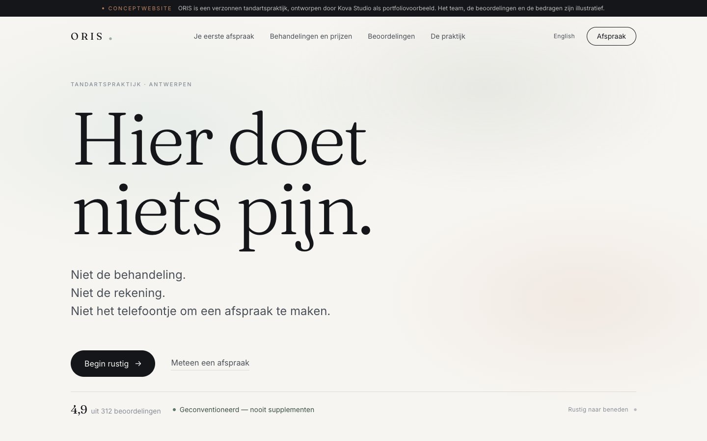 ORIS concept website — calm editorial dentistry site, 'Hier doet niets pijn.'